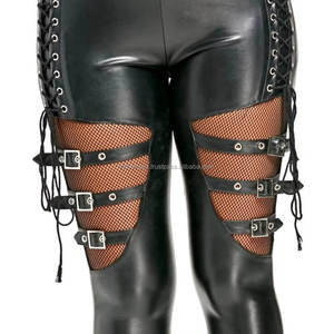 Wholesale Customizable Gothic <b>Black</b> Leather Pants for Women Edgy Skinny Design with <b>Lace</b> up Mesh Buckle Night Out Clubwear Style - Product Image 5