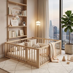 Lit Montessori moderne en pin massif avec barrière de sécurité et sommier à lattes - Product Image 2
