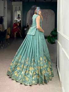 Green Floral Embroidered <b>Lehenga</b> Choli Satin Traditional Indian Outfit Foil Print Wedding Party <b>Women</b> - Product Image 3