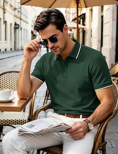 Polo à manches courtes pour homme, vert foncé, couleur unie, tricot piqué, décontracté, respirant, avec boutons - Product Image 3