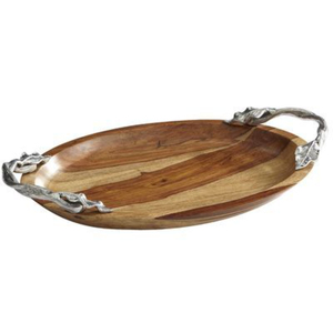 Bandeja de madera clásica con asas de hoja de roble antiguo y detalles metálicos de bellota, plato rústico de madera dura para el hogar - Product Image 2