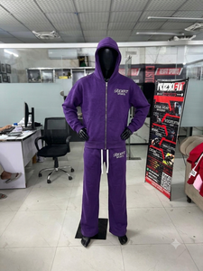 REXFIT Unisex Purple <b>Hooded</b> Tracksuit Set Full <b>Zip</b> Fleece Sweatshirt Pants Logo Print Casual Summer Wear 100% Cotton Lightweight - Product Image 1