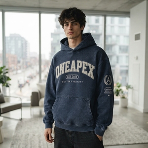 Herren Blauer Gewaschener Vintage-Hoodie Übergroßer Pullover Sweatshirt Grafik-Streetwear Fleece-Kapuzenpullover Maßgefertigte OEM-Kleidung - Product Image 2