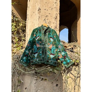 Green Velvet Jacket Uzbek Suzani Embroidery Jacket <b>Coat</b> Handmade Winter Unisex Jacket With Two Side Pockets - Product Image 4