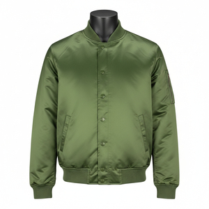 Blouson Bomber en Satin Vert Olive de Qualité Supérieure à Col Montant, Léger, Écologique et Coupe-Vent, Personnalisable - Product Image 1