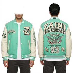 Chaqueta Varsity ZAINI Premium de Mezcla de Lana, Resistente al Viento, con Cuello Alto, Estilo Urbano, 400 GSM, Verde Menta, para Apliques de Chenilla - Product Image 1