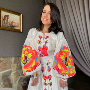 Vintage Boho Embroidered Cotton Short Dress Women Bright Floral Pattern <b>Balloon</b> Sleeve Tassel Waist Belt <b>Mini</b> Dress - Product Image 1