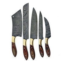 Ensemble de 5 couteaux de cuisine en acier Damas forgés à la main, couteau de chef, couteau à pain, couteau à découper, couteau utilitaire, manche en bois, OEM ODM, vente en gros