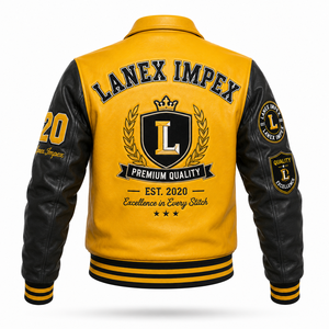 แจ็คเก็ตหนังสีเหลืองดำแบบกำหนดเองสำหรับผู้ชาย แจ็คเก็ตบอมเบอร์สไตล์ Letterman คลาสสิก พร้อมป้ายเชนีล รับผลิตแบบ OEM ODM ขายส่ง - Product Image 3