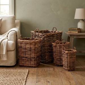 new modern minimalist wholesale set of four natural rattan woven storage <b>baskets</b> rustic <b>wicker</b> organizer bins with <b>handles</b> items - Product Image 4