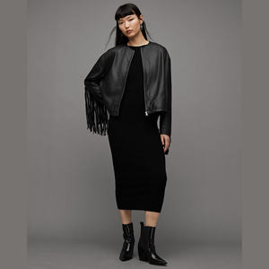 Women Real Leather Fringe <b>Jacket</b> Collarless Crewneck Zip Bomber Tassel Back Sleeve Fashion Outerwear - Product Image 5