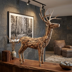 Handcrafted <b>wooden</b> reindeer boy sculpture <b>rustic</b> teak driftwood stag animal statue antlers floor decoration space unit layout - Product Image 4