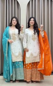 Tenues de soirée et de mariage en pure soie chinon, haut brodé de sequins lourds avec palazzo et dupatta brodée de sequins - Product Image 3