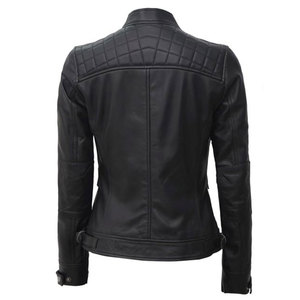 Premium Quality Women's Real Leather Moto <b>Jacket</b> with Padded Shoulders and Mandarin Collar - Breathable & Durable Outdoor Wear - Product Image 2