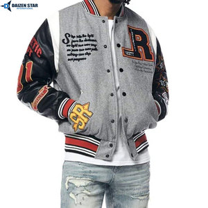 Men's Varsity Jacket Gray Black Sleeve Letter Embroidery Preppy Style Autumn Wear PU Material Patch Designs - Product Image 5