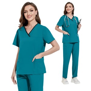 Women's Teal Scrub Set V-Neck Short Sleeve Polyester Hospital Uniform Pants With Needle Detection Feature - Product Image 1