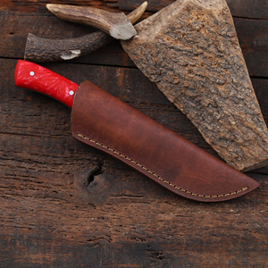Cuchillo de caza y desollado de hoja fija de acero de Damasco forjado a mano, mango de resina, espiga completa, cuchillo personalizado OEM/ODM, funda de cuero - Product Image 6