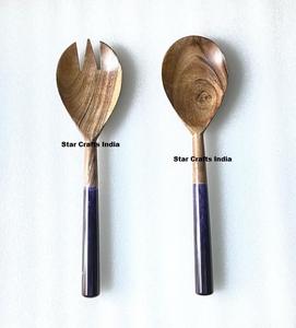 Ensemble de saladiers en bois de manguier avec poignée en terrazzo créative, style américain, écologique, compatible lave-vaisselle, outils de service en bois pour salade - Product Image 6