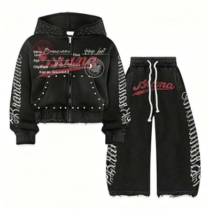 Custom Manufacturer Custom Acid Wash Tracksuit <b>Set</b> DTG Printed Rhinestone Cropped Hoodie and Stacked Flared <b>Sweatpants</b> <b>Set</b> - Product Image 1
