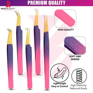 Juego de 5 Pinzas para Pestañas con Punta Dorada, Color Rosa y Morado Brillante, Pinzas de Acero Inoxidable para Extensión de Pestañas con Puntas de Fibra - Product Image 3