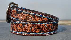 Ceinture de cowboy occidentale en cuir LEATHERCART Premium, ornée de motifs floraux, avec bordure turquoise et boucle de style Rodeo en argent. - Product Image 3