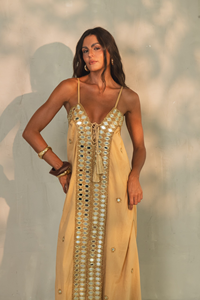 Women Beige Gold Embroidered V-neck Ruffles Boho Maxi Dress Luxury Resort Wear <b>Spaghetti</b> <b>Strap</b> Long Cotton Eco Friendly High - Product Image 5