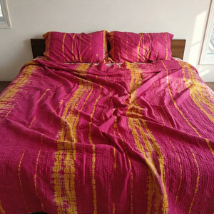 Handmade Cotton Kantha Tie Dye Quilt Pink Mustard Floral Print <b>Bedspread</b> Reversible Boho Jaipuri All-Season <b>Lightweight</b> - Product Image 5