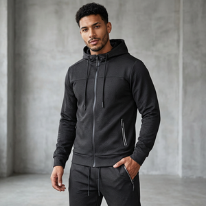 Ensemble de survêtement noir à capuche pour homme, fermeture éclair intégrale, sweat-shirt et pantalon sportifs, couleur unie, polyester respirant, vêtements d'automne - Product Image 6