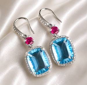 Boucles d'oreilles pendantes TASBIYA GEMS en argent sterling 925 plaqué rhodium avec topaze bleue naturelle, rubis et diamant naturel taille unique - Design tendance - Product Image 2