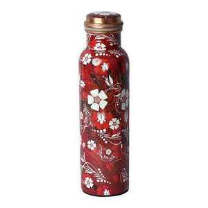 Red Floral Enamel Printed Copper Water Bottle Elegant <b>Grey</b> Sticker Design for School Office or Gym Use Bottle - Product Image 1