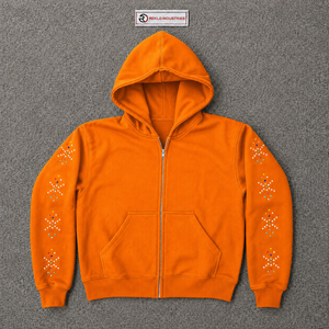 Sudadera con capucha y cremallera completa naranja con pedrería, estilo streetwear de lujo, con adornos, tela texturizada, ajuste brillante - Product Image 5