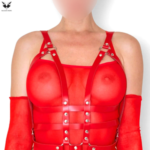 Trendy Premium Quality New Arrival Red Faux <b>Leather</b> Full Body Cage <b>Harness</b> Set Custom Logo Wholesale Rate Adjustable Breathable - Product Image 3
