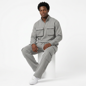 Wholesale Men’s Quarter Zip Sweatshirt <b>Cargo</b> Pants Set 2 Piece Tracksuit Casual Utility Jogger Outfit Custom OEM/ODM Clothing - Product Image 4