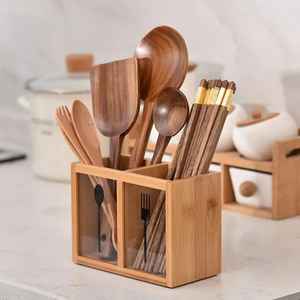 Organizador de utensilios de cocina de madera, caja de almacenamiento de cubiertos rústica, soporte para cubiertos, para cucharas, tenedores y cuchillos, para la encimera de la cocina - Product Image 6