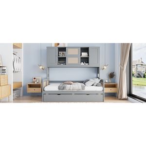 Lit de repos en bois de taille double gris avec armoire tout-en-un et étagère comprenant un lit gigogne de taille double - Product Image 5