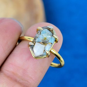 Natural Blue Copper Amazonite Hexagon Shape Gemstone <b>Ring</b> 18k Gold Micron Over 925 Sterling Silver - Product Image 3