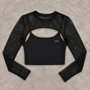 Women's Black Mesh Panel Long Sleeve Crop Top Slim Fitted Solid women's shirt Customized Wholesale DTF Sheer Layer High Quality - Product Image 3