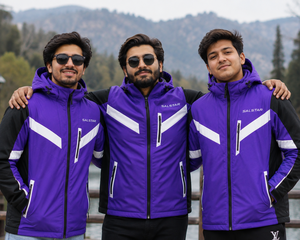 Veste softshell pour homme, contraste violet, blanc et noir, avec capuche, imperméable, coupe-vent, veste de sport d'hiver pour l'extérieur, vêtements de travail personnalisés - Product Image 5
