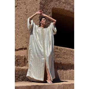 Two-piece Oversized <b>Kaftan</b> Small Rounded V-neckline <b>Kaftan</b> Made From Cream Iridescent Silk Statement Piece Entirely Finished - Product Image 4