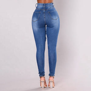 Jean en denim sexy pour femme de haute qualité, déchiré, taille mi-haute, coupe ample, en polyester/coton, lavable, respirant, délavage moyen - Product Image 6