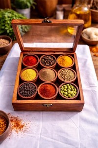Wooden Glass <b>Spice</b> <b>Box</b> With 9 Round Jar Wooden <b>Spice</b> Rack Organizer Sheesham Masala Dabba Style <b>Spice</b> - Product Image 4