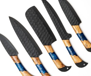 Custom Handmade 5-Piece Carbon Steel Chef <b>Knife</b> <b>Set</b> Hammered Black Blades Wood+Resin Handles Ambidextrous Design Leather Sheath - Product Image 3