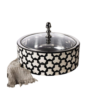 Casserole ronde en bois avec couvercle en acier inoxydable, design géométrique moderne, plat de service de cuisine durable - Product Image 3