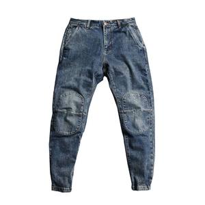 Jeans personnalisés en gros pour hommes, style streetwear hip-hop, à ourlet brut, coupe ample, délavés par le soleil, bleu foncé, jambe large et droite - Product Image 4