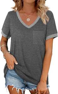 Womens T Shirts Short Sleeve V Neck Loose Casual Summer <b>Tops</b> 2026 with Pocket - Product Image 5