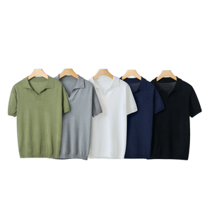 T-shirt d'été décontracté pour homme 100 % coton à manches courtes, col rabattu haut de gamme, respirant, coupe ajustée, couleur unie - Product Image 1