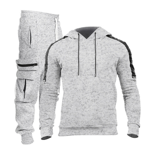 Ensemble de survêtement gris clair à capuche pour homme, 2 pièces, tenue de jogging mi-lourde, sportive et décontractée, couleur unie - Product Image 1