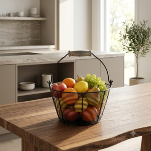 Corbeille à fruits moderne en fil métallique noir avec poignée en bois, organisateur de rangement pour comptoir de cuisine, bol à fruits décoratif pour la maison et la cuisine - Product Image 2