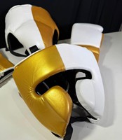 Nouveauté, vente en gros, ensemble de boxe de haute qualité en cuir véritable blanc et or, logo personnalisé, équipement de combat, ensemble de boxe CP-BHG-02