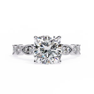 Bague de fiançailles solitaire en diamant taille coussin avec bande pavée vintage style milgrain - Product Image 2